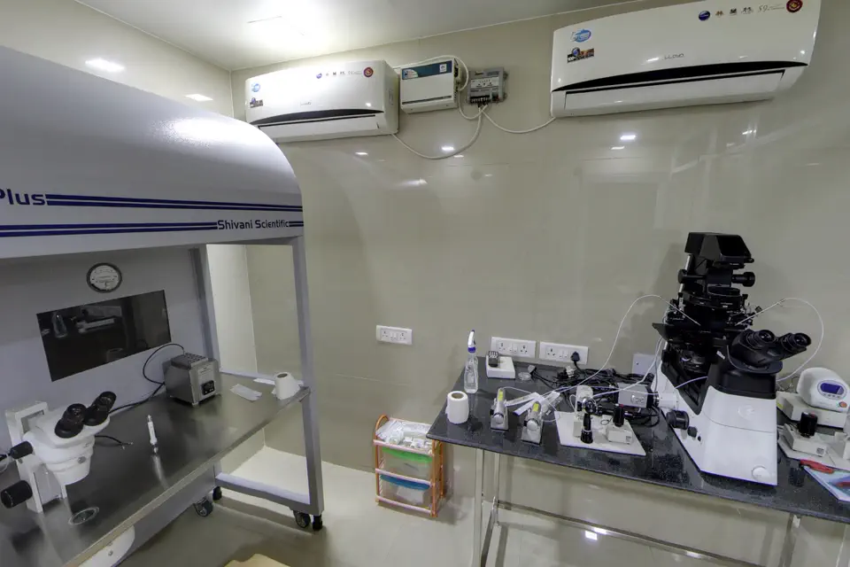 The IVF laboratory at Pai Hospital, Vasco-da-Gama, Goa, with its microscopes and a clean-air workstation